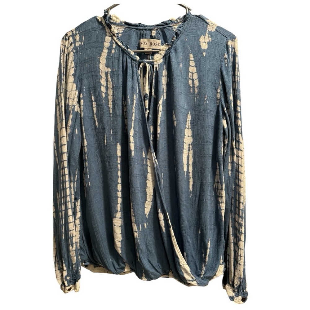 Knox Rose Blue/White Crossover Faux Wrap Blouse Long Sleeve, size XS